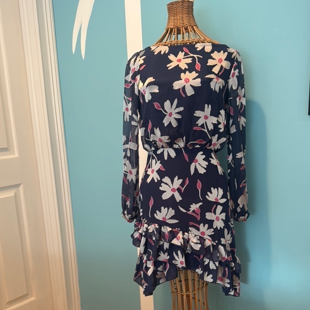 Saloni Floral Long Sleeve Dress navy blue with silver flowers and pink